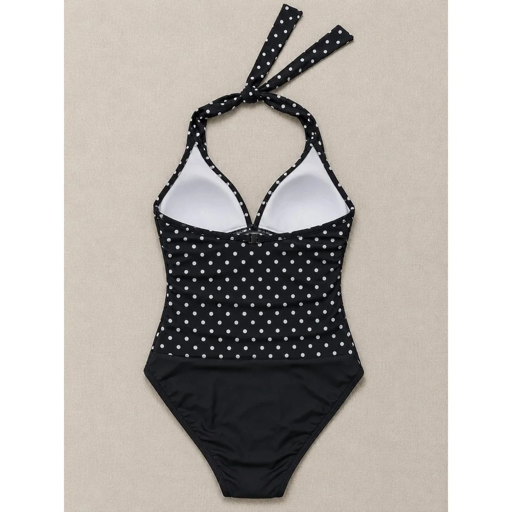 2 Bamboo Black White Polka Dot Halter One Piece Swimsuit Women Size (S)